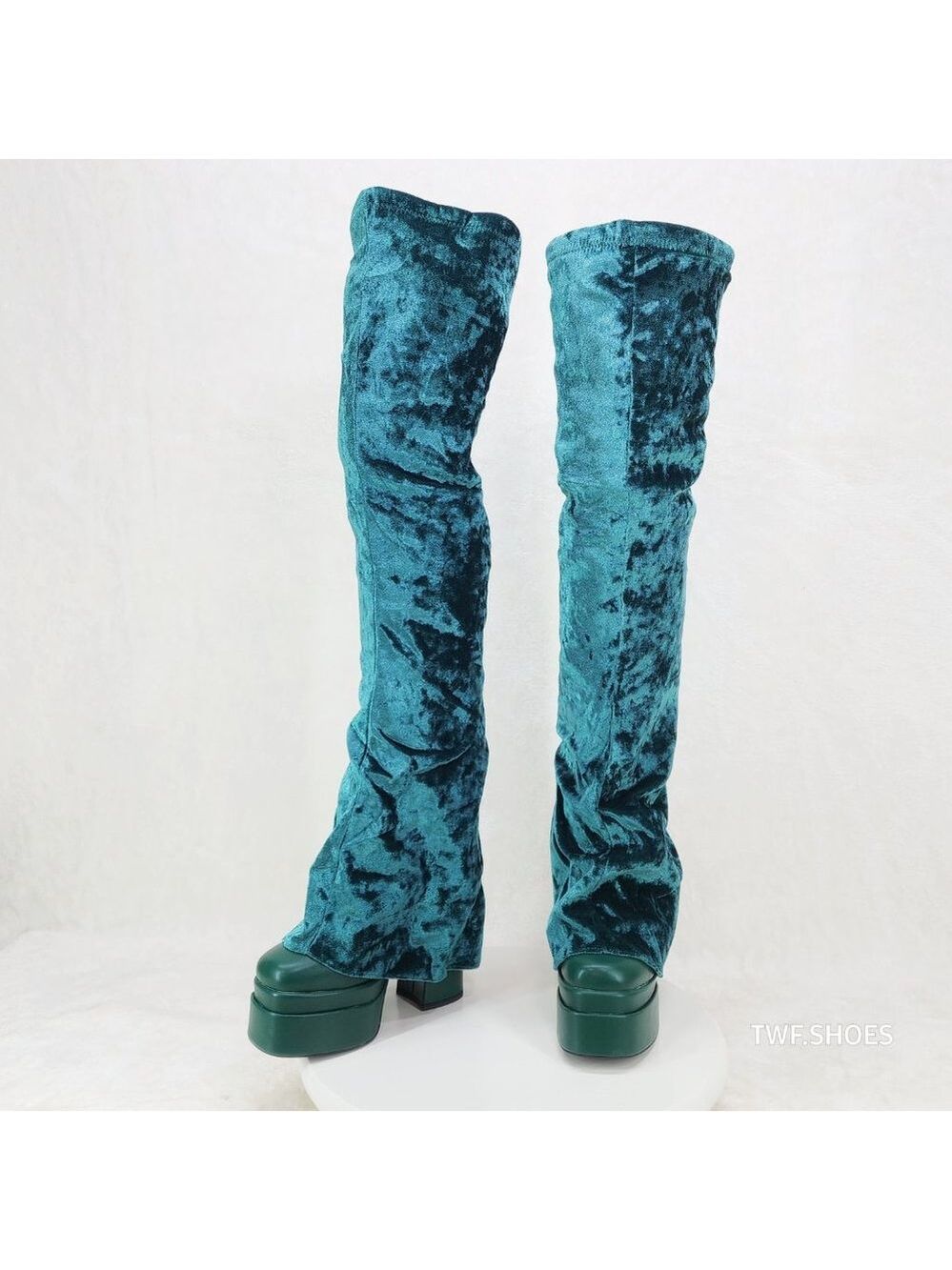 Good Will Unique Thigh High Emerald Velvet Fold over Chunky Heel Platform Boots - Picture 7 of 15